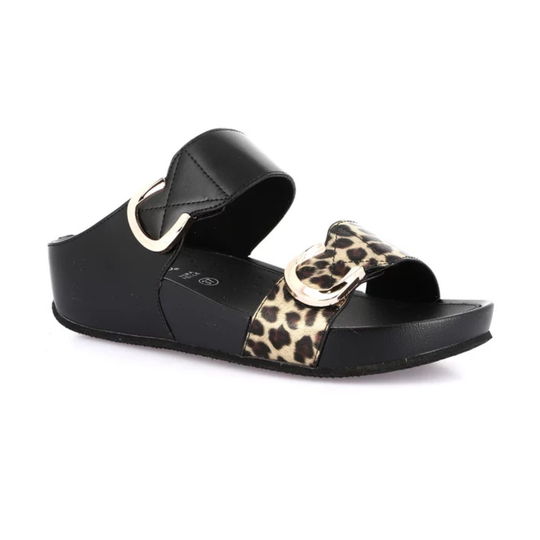 GRUNLAND Ciabatta DIRA con fascia animalier Nera
