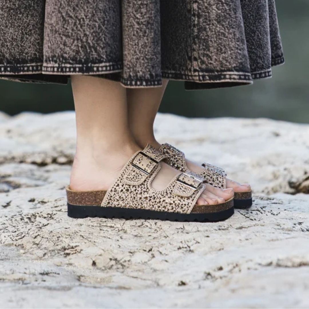 GRUNLAND HOLA Perforated Slipper with Glitter Taupe