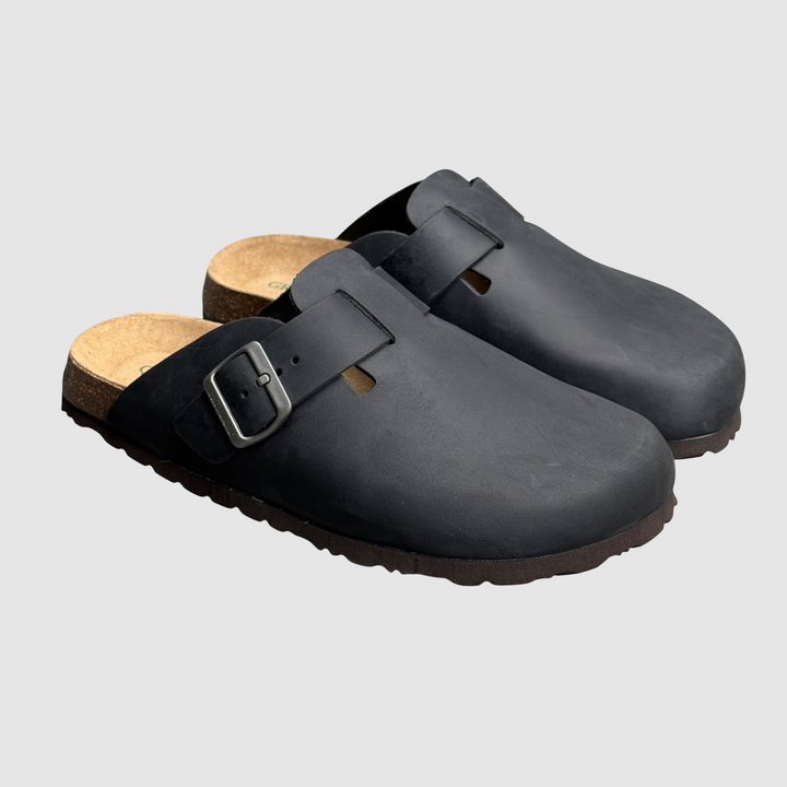 GRUNLAND Ciabatta BOBO punta chiusa in pelle ingrassata NERO