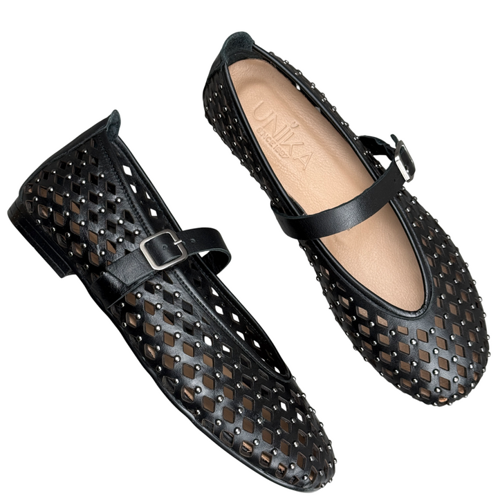 UNIKA Perforated Studded Ballerina Flats Black