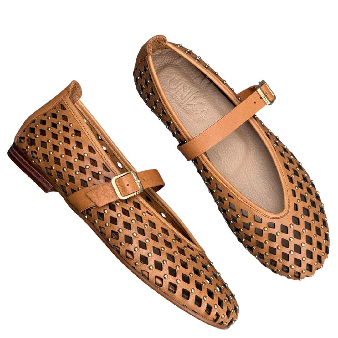 UNIKA Perforated Studded Leather Ballerina Flats